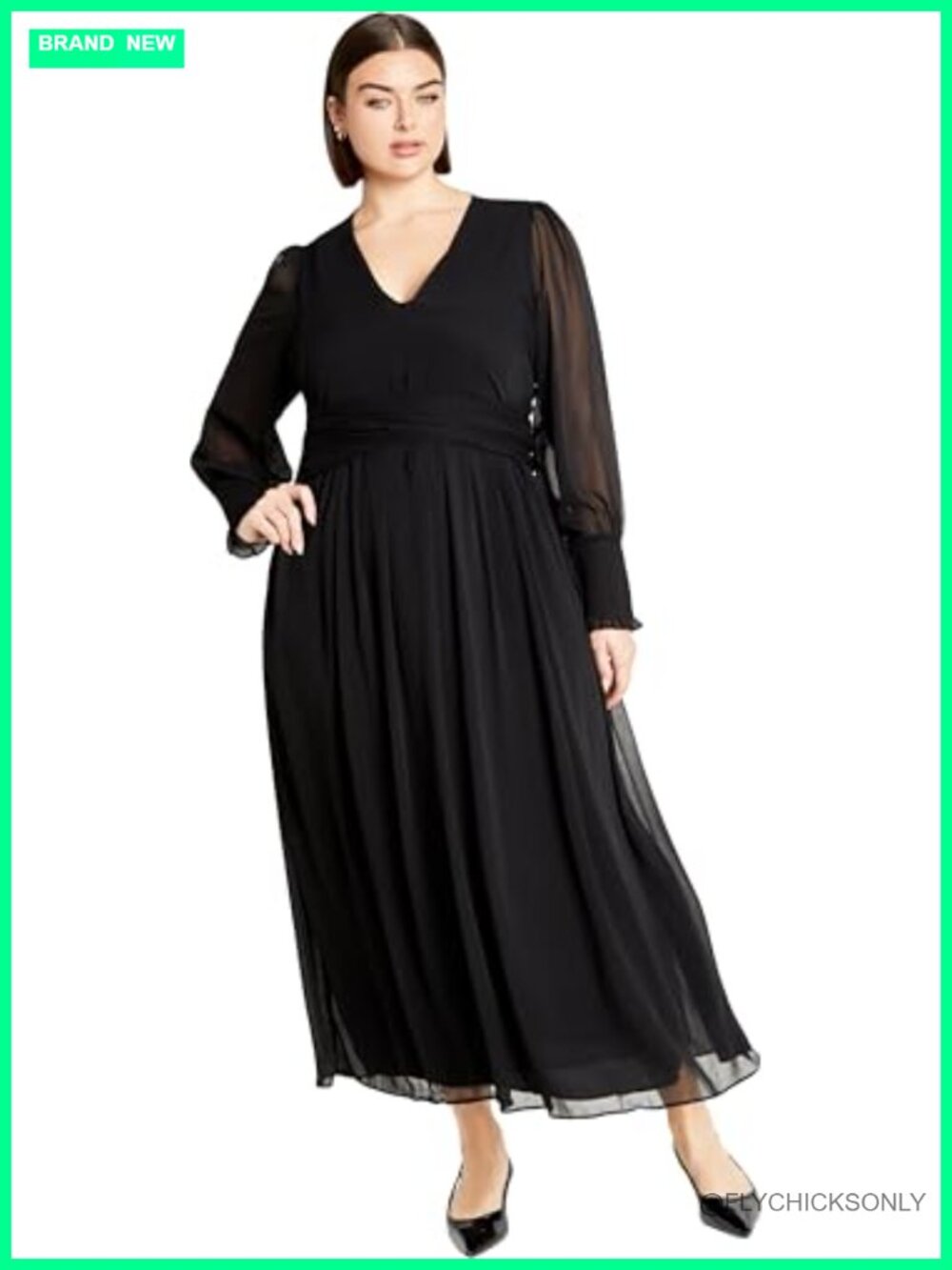 Plus Size Maxi Dress V-Neck Sheer Balloon Sleeve Lined Formal Casual